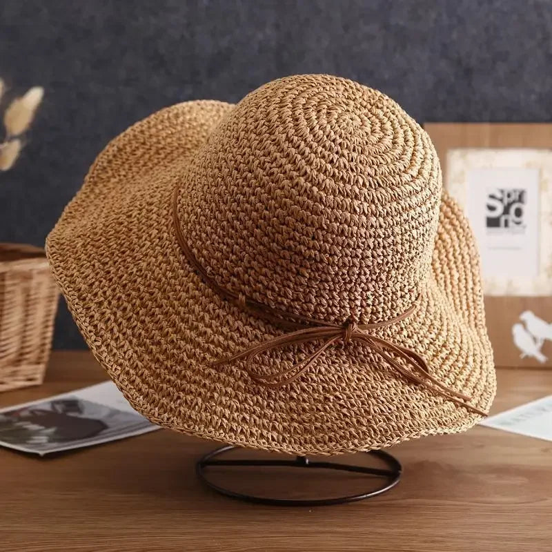 Beach Hats Adults Female Sunscreen Cap Simple Women Straw Hats Summer Sun Hats for Women Lady Folding Bow Travel Caps Female Wofashion.xyz
