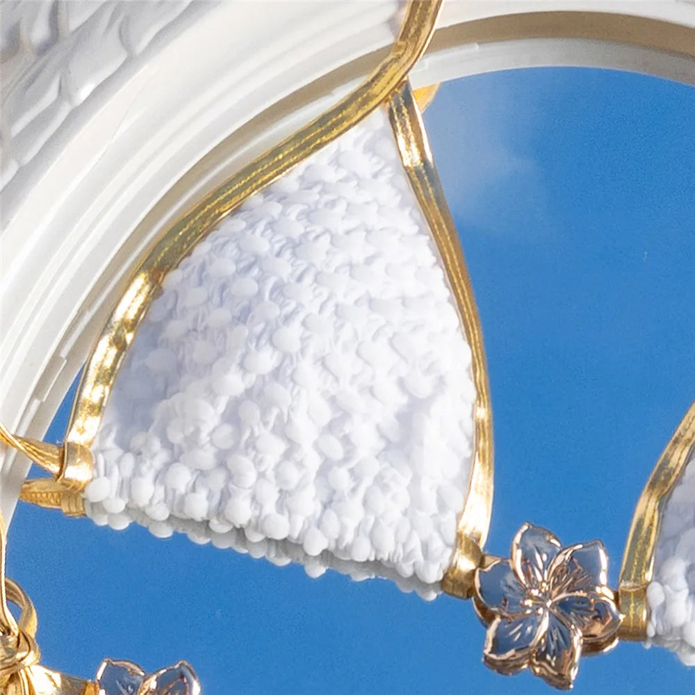 Metal Flower Ornament Sexy Swimsuit Women Halter String Triangle Micro Bikini Thong Swimwear Bathing Suit White Bikinis Sets