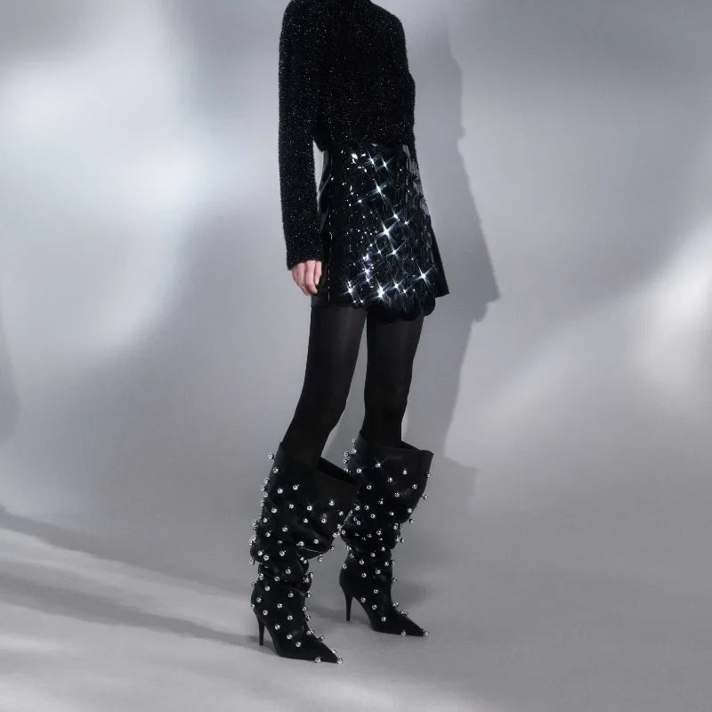 European Niche Design, High-quality Slim High Heels, Wide Knee Boots, Women's Fashionable and Sexy Studded Pleated Sleeve Boots