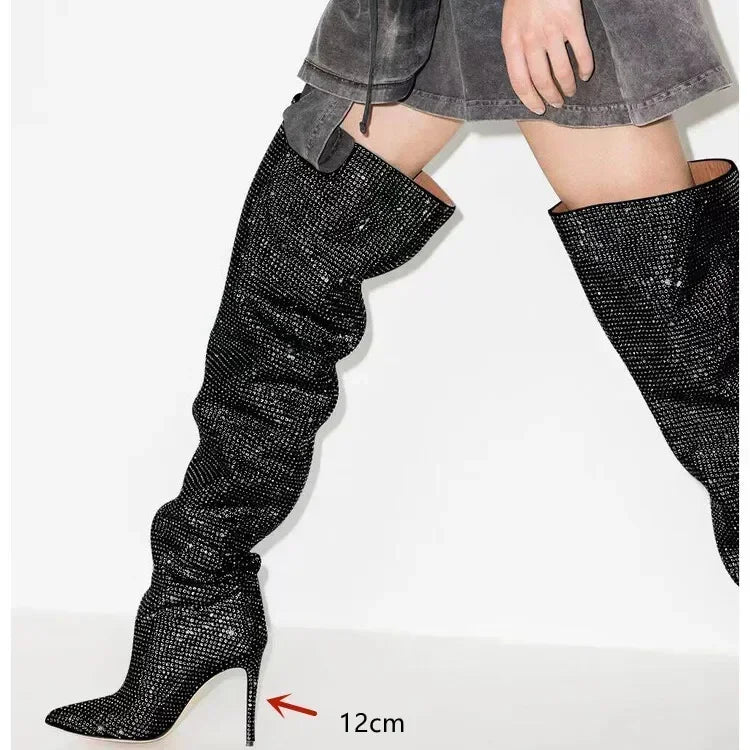 High quality European and American knee length rhinestone pile boots for women's sexy slim high heeled pointed runway boots