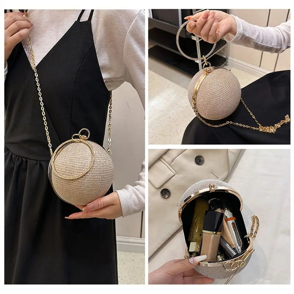 Fashion Circular Evening Bag Luxury Wedding Party Shoulder Bags Elegant Rhinestone Decorative Chain Banquet Clutch Handbags
