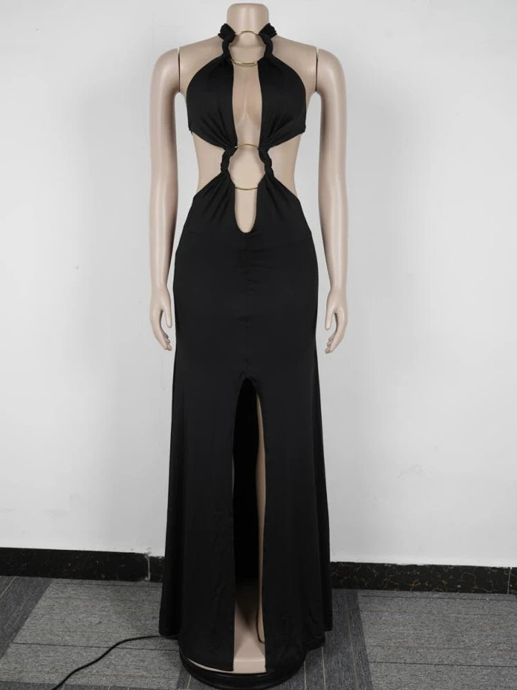 Beyprern New Chic Halter V Neck O Rings Long Maxi Dress Glam Women Sexy Backless Ruched High Slit Party Dresses Birthday Outfits