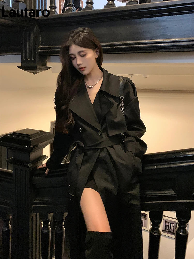 Lautaro Spring Autumn Long Black Hard Waterproof Trench Coat for Women Belt Double Breasted High Quality Luxury Overcoat 2024 Wofashion.xyz