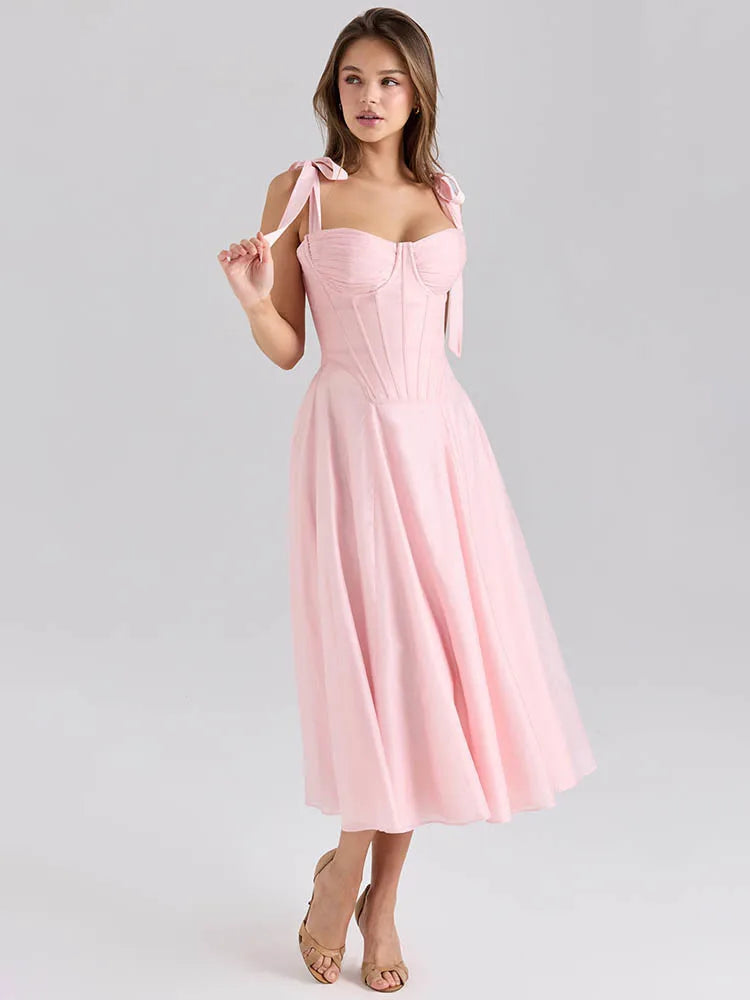 Mozision Pink Chiffon Tie Strap Sexy Midi Dress Women Pink Spaghetti Strap Sleeveless Backless Lace-up A-line Club Party Dress