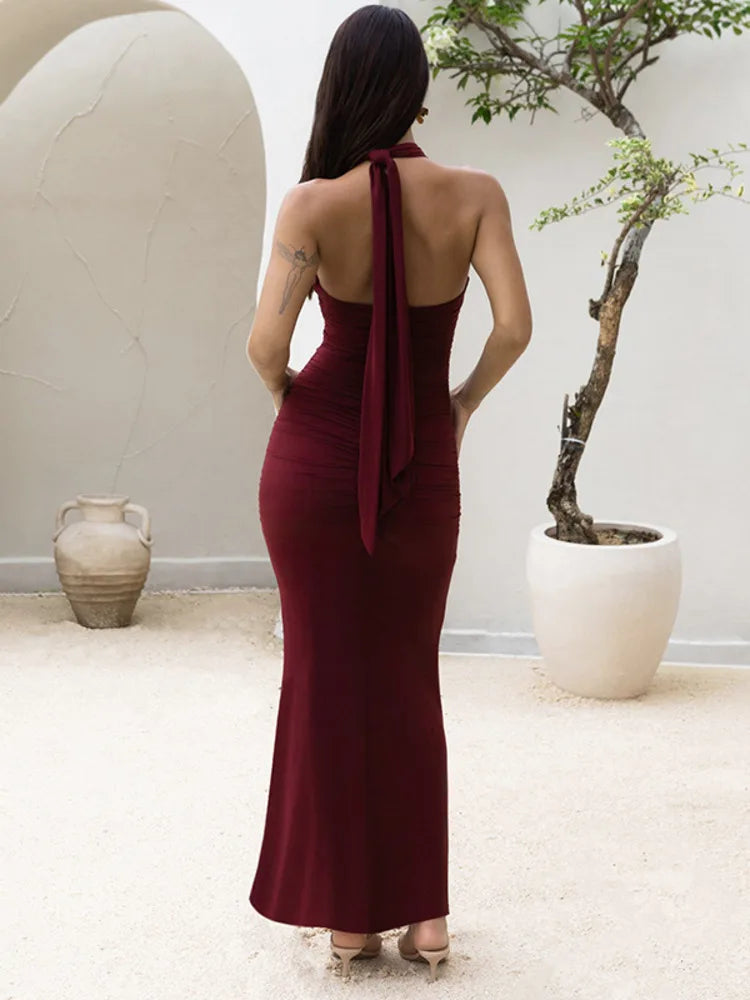 Mozision Hollow Out Halter Sexy Maxi Dress Women Gown Summer New See Through Mesh Sleeveless Backless Bodycon Club Long Dress