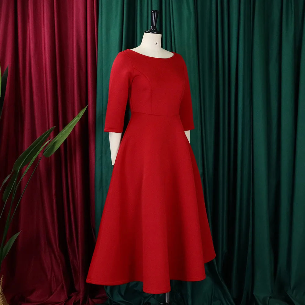 Elegant Party Dress for Woman 2024 Modern O Neck Three Quarter Sleeve High Waisted A Line Mid Calf Birthday Dinner Wedding Cloth