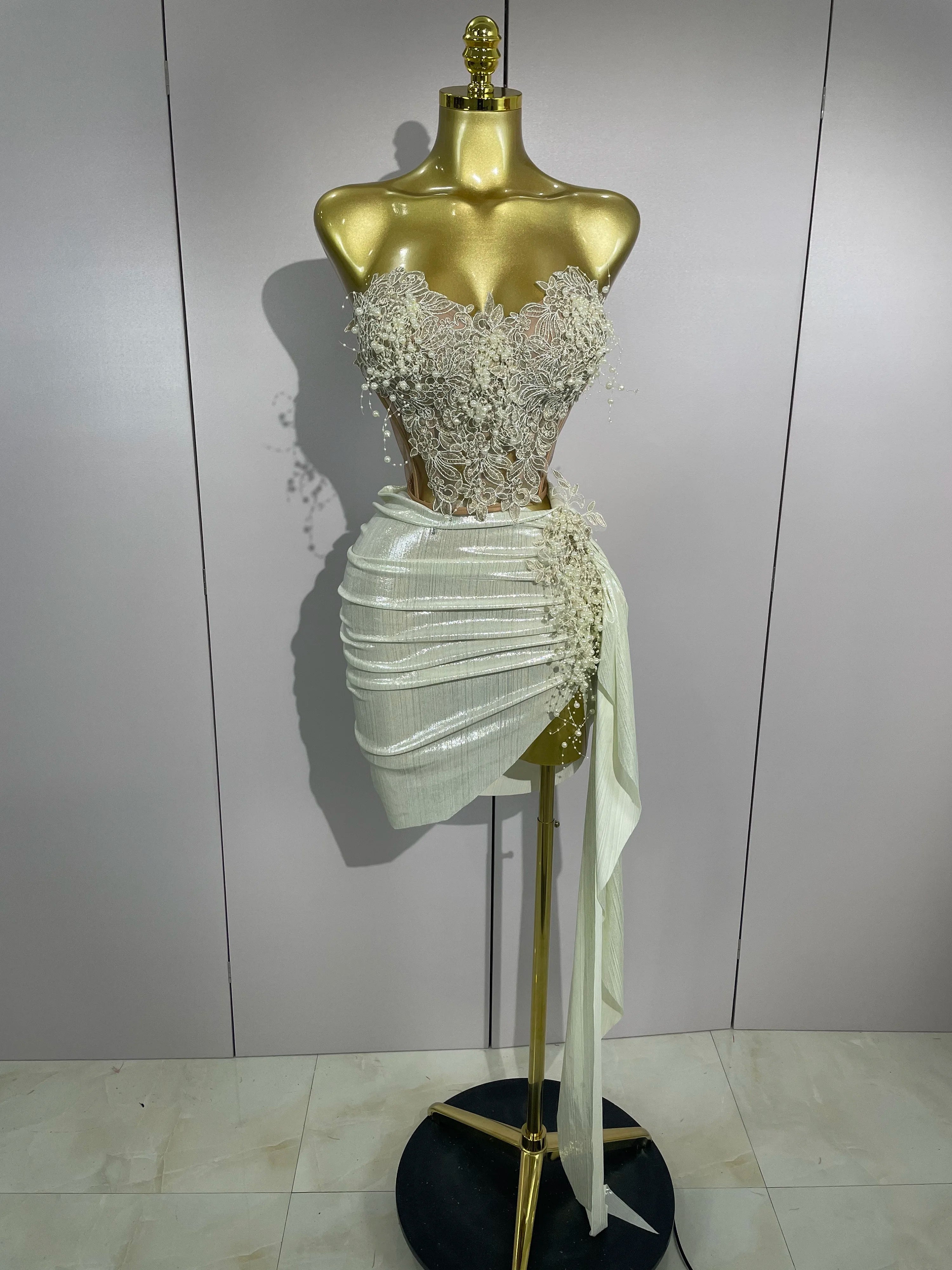 STOCK Luxury Shining Pearls Sexy Asymmetrical Skirt 2 PCS Set 2025 Women Evening Birthday Party Stage Dancer Performance Costume Wofashion.xyz