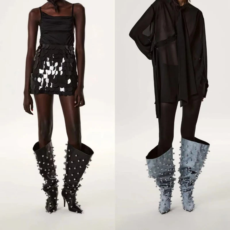 European Niche Design, High-quality Slim High Heels, Wide Knee Boots, Women's Fashionable and Sexy Studded Pleated Sleeve Boots