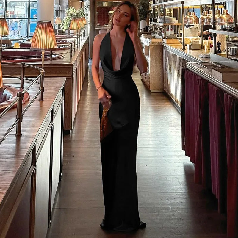 Talenza Sexy Deep V-Neck Long Dress Solid Fashion Ruched Lace Up Backless Slim Dress Elegant Vintage Luxury Party Evening Dress