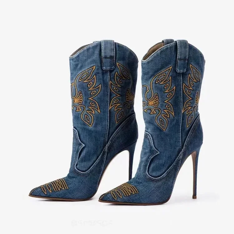Women's Denim Western Cowboy Boots Pointed Toe Stiletto Heel, Sexy Embroidery Knight Runway Fashion Ankle Booties