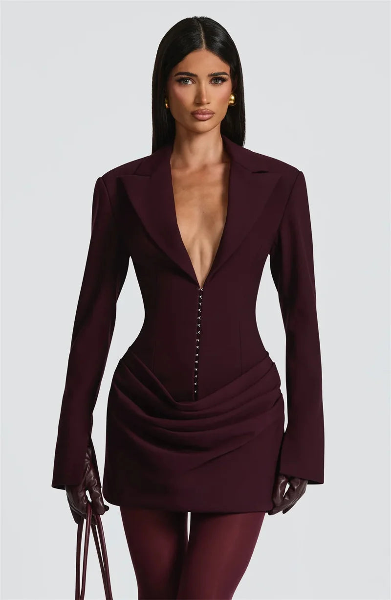 Mozision Long Sleeve Deep V Neck Ruched Sexy Mini Dress Women Autumn Winter Fashion High Waist Club Party Blazer Dresses Female