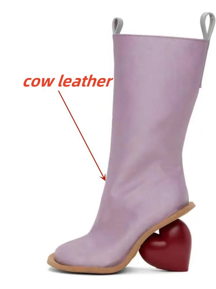 2024 New Women's Genuine Leather Mid Top Boots Fashion Round Toe High Heel Ankle Shoes with Zipper Stylish Comfortable Footwear