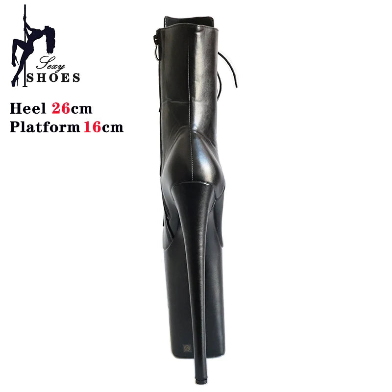 New 26cm/10inchs Super High Heels Women's Boots Stiletto Matte Black Patent Leather Zipper Ankle Boot Pole Dance Striptease Shoe