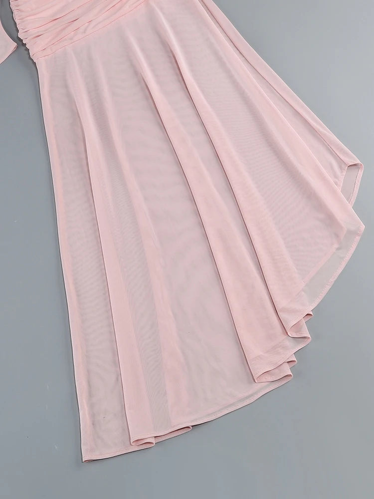 Sexy O Neck Mesh Patchwork Folds Long Dress Women Pink Long Sleeves Asymmetrical Folds Slim Dresses Evening Party Formal Gowns