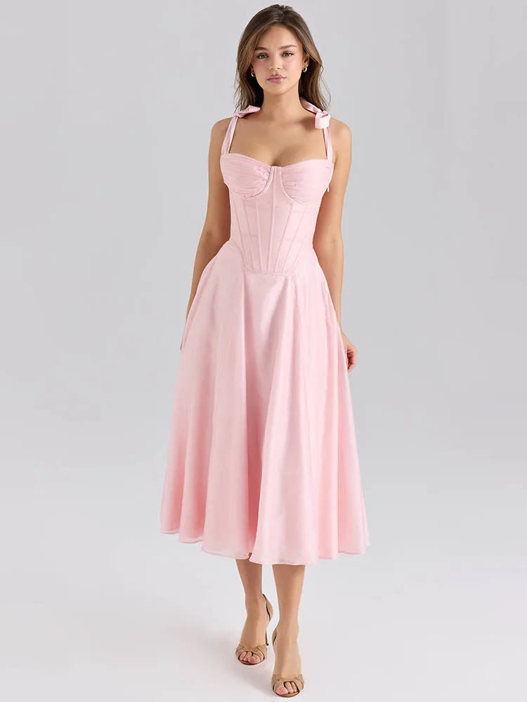Mozision Pink Chiffon Tie Strap Sexy Midi Dress Women Pink Spaghetti Strap Sleeveless Backless Lace-up A-line Club Party Dress Wofashion.xyz