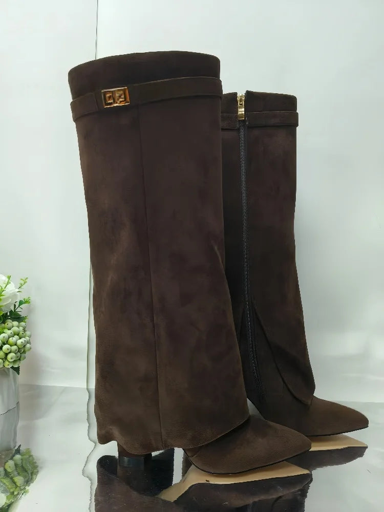 European and American Autumn and Winter New Pointed Straight Leg Skirt Boots for Women, Large Size Thick High Heels Pants Boots