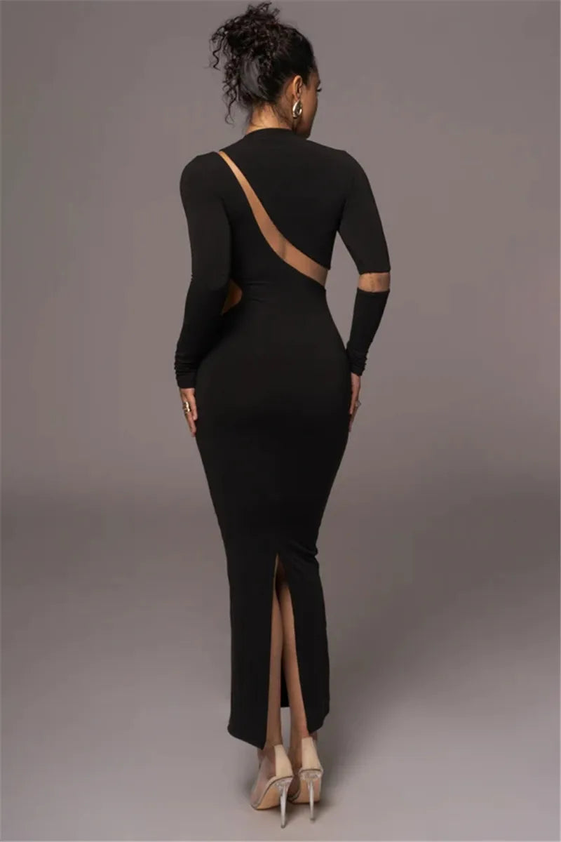 Mozision Turtleneck Long Sleeve Bodycon Maxi Dress For Women Autumn New Patchwork Hollow Out Club Party Sexy Long Dress Vestidos