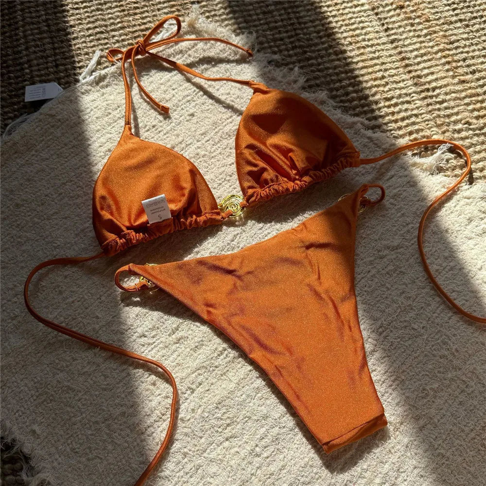 Solid Orange Swimwear Metal Ring String Halter Triangle Micro Bikini Thong Sexy Swimsuit Women 2025 Bathing Suit Bikinis Sets
