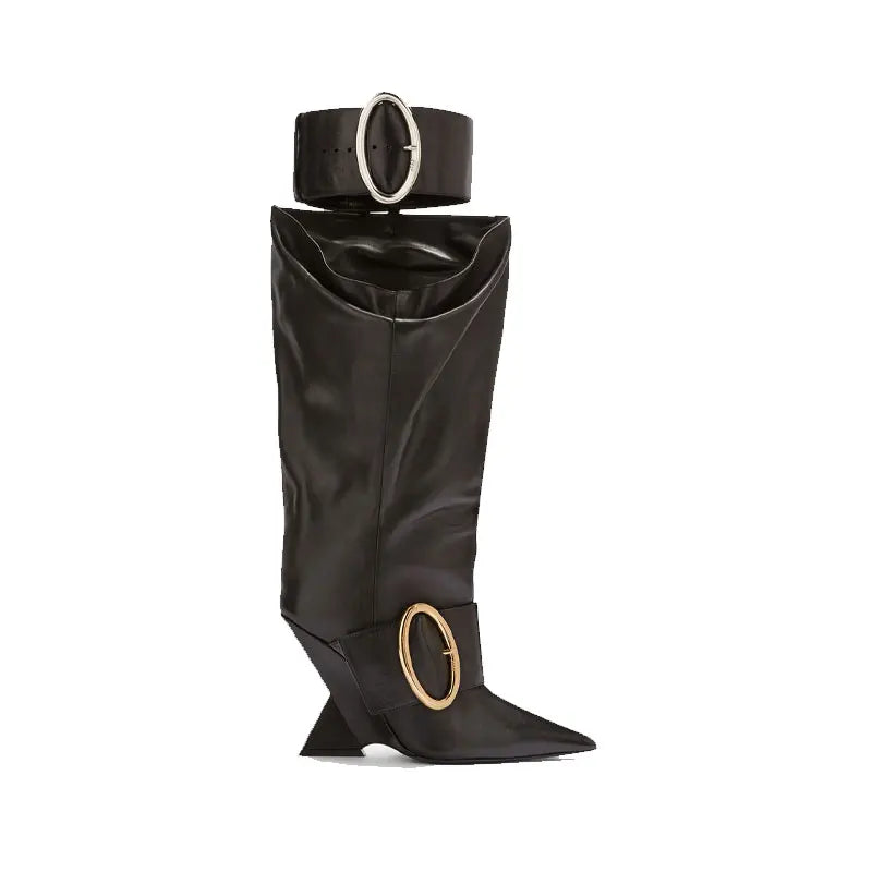 2023 European and American Designer Brand Runway Boots, Women's Fashion Belt Buckle Decoration, Irregular Heel Sleeve Boots
