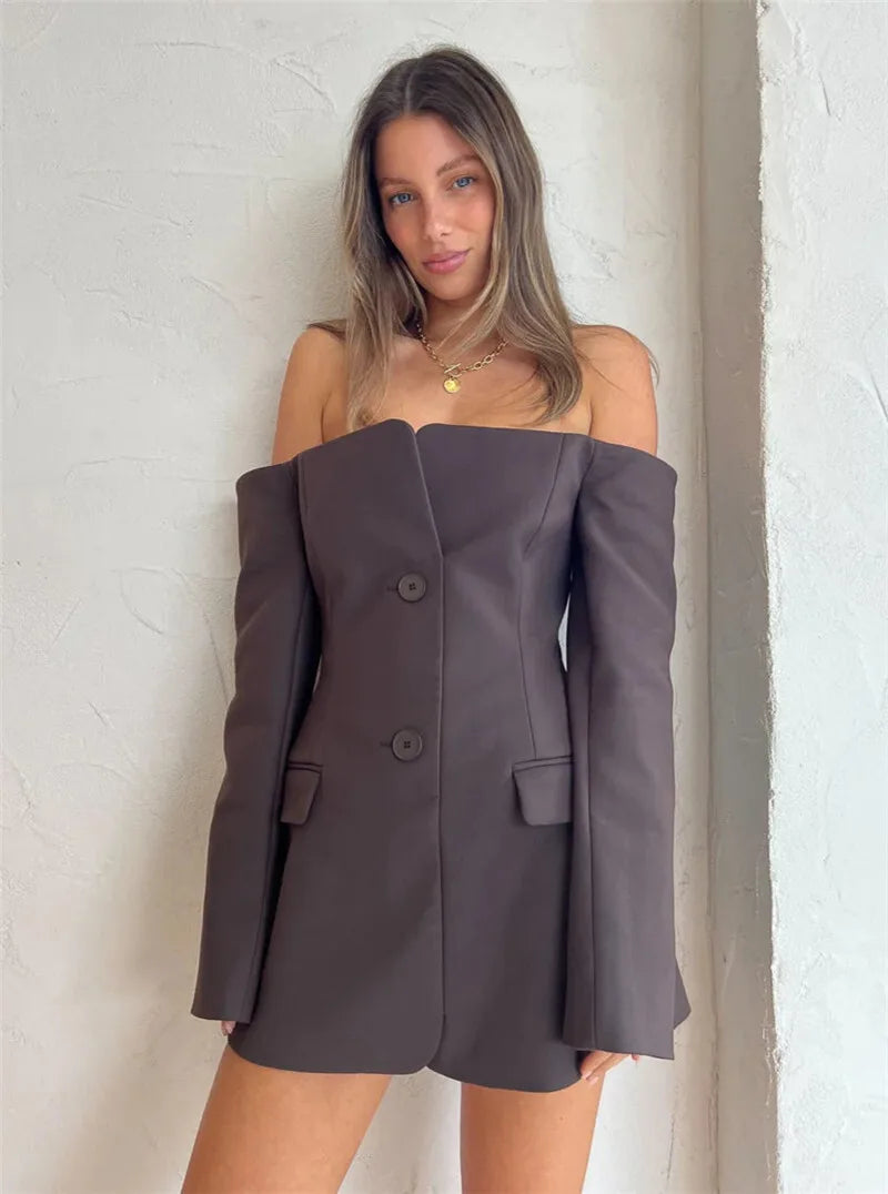 Mozision Off-shoulder Strapless Sexy Blazer Dress For Women Fashion Solid Zipper Two Pocket Long Sleeve Backless Mini Dress