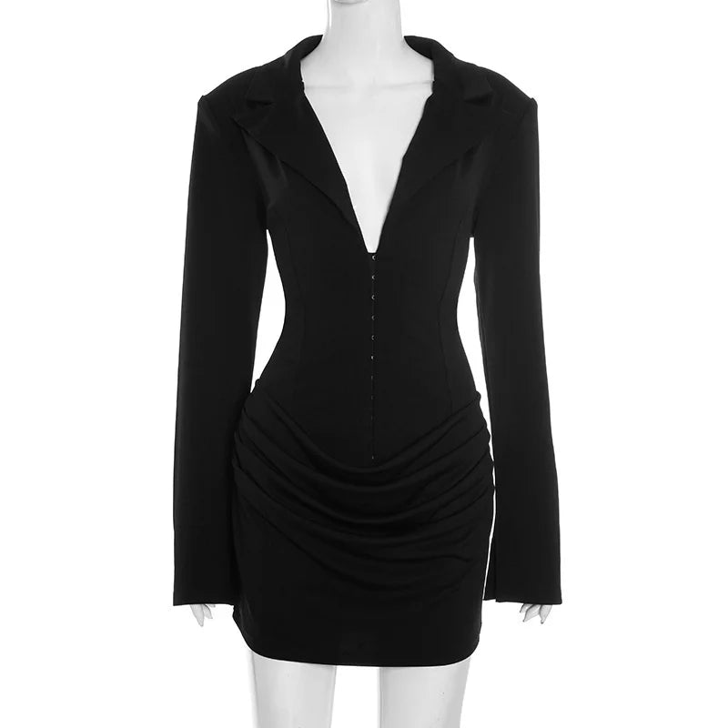 Mozision Long Sleeve Deep V Neck Ruched Sexy Mini Dress Women Autumn Winter Fashion High Waist Club Party Blazer Dresses Female