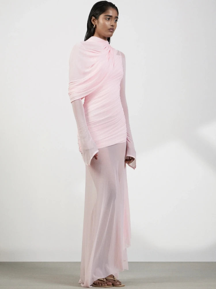 Sexy O Neck Mesh Patchwork Folds Long Dress Women Pink Long Sleeves Asymmetrical Folds Slim Dresses Evening Party Formal Gowns