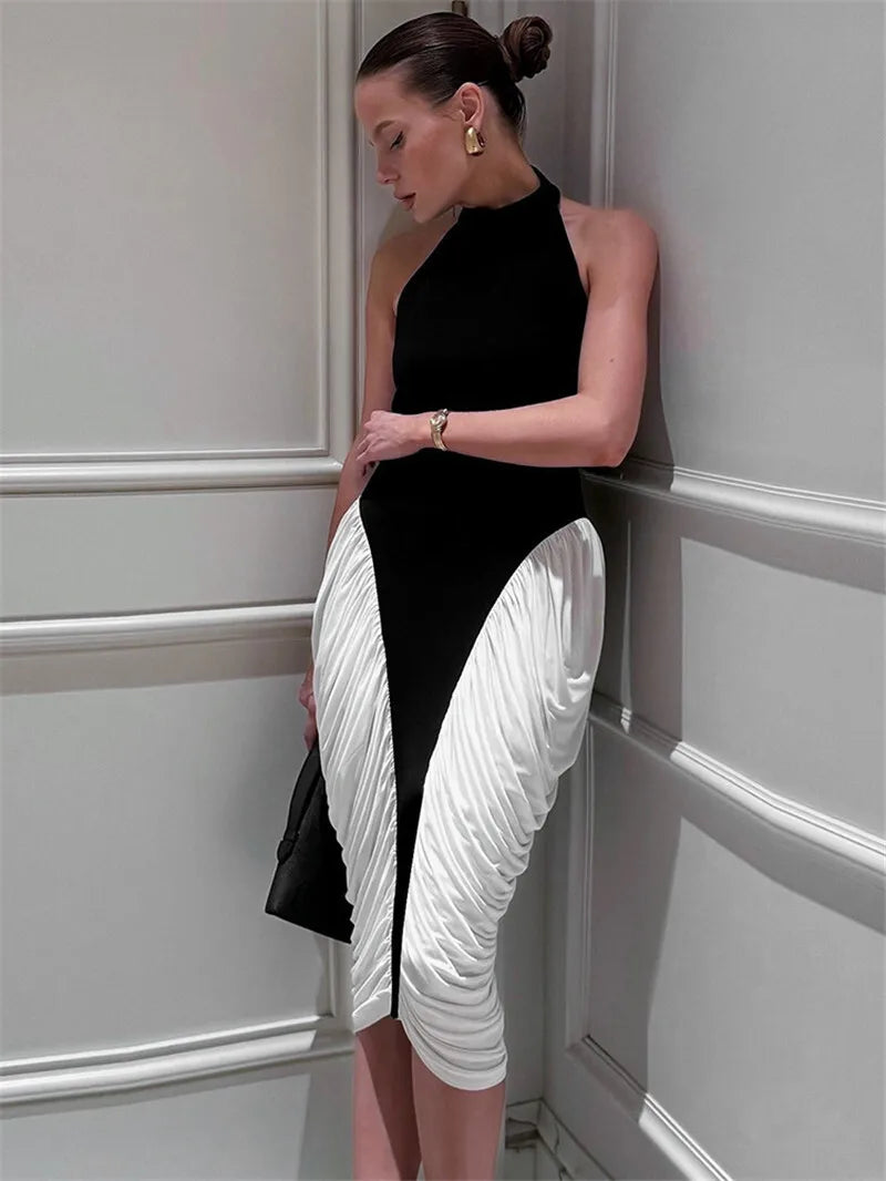 Mozision Patchwork Halter Backless Sexy Midi Dress Women Gown Elegant Fashion Contrast Color Sleeveless Pleated Long Dress