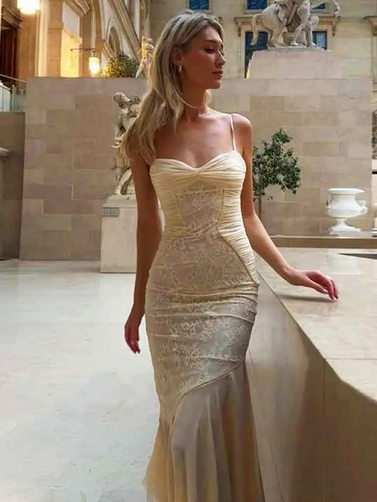 NIDANSSI Lace Print Ruffle Backless Holiday Casual Dress Women 2024 Elegant Sexy Dress Bodycon Midi Long Summer Dress Vestidos Wofashion.xyz