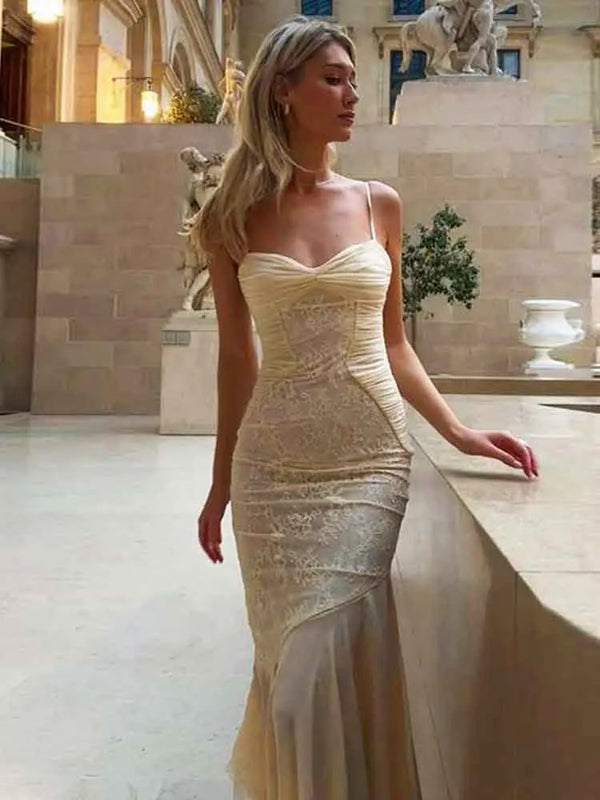 NIDANSSI Lace Print Ruffle Backless Holiday Casual Dress Women 2024 Elegant Sexy Dress Bodycon Midi Long Summer Dress Vestidos Wofashion.xyz