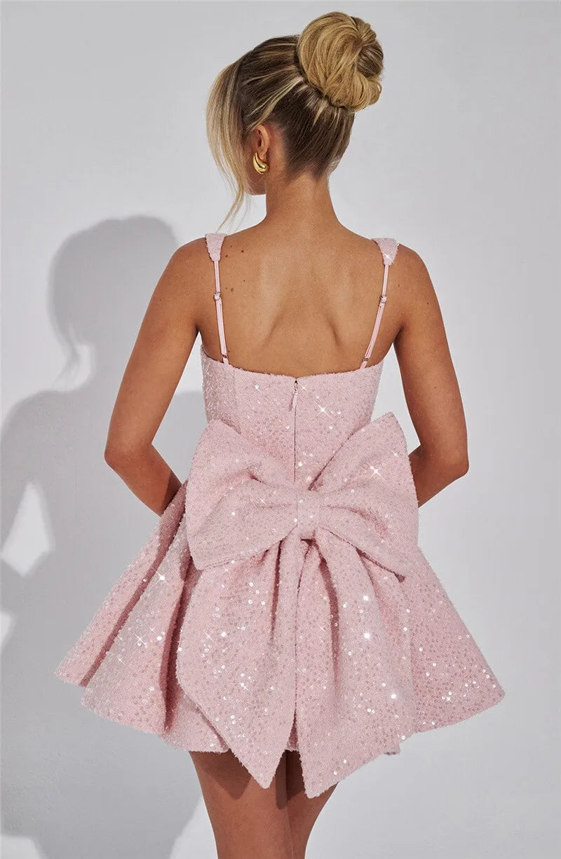 Mozision Sequins Bow Backless Sexy Mini Dress For Women Robe Fashion Square Collar Sleeveless High Waist A-line Club Dress