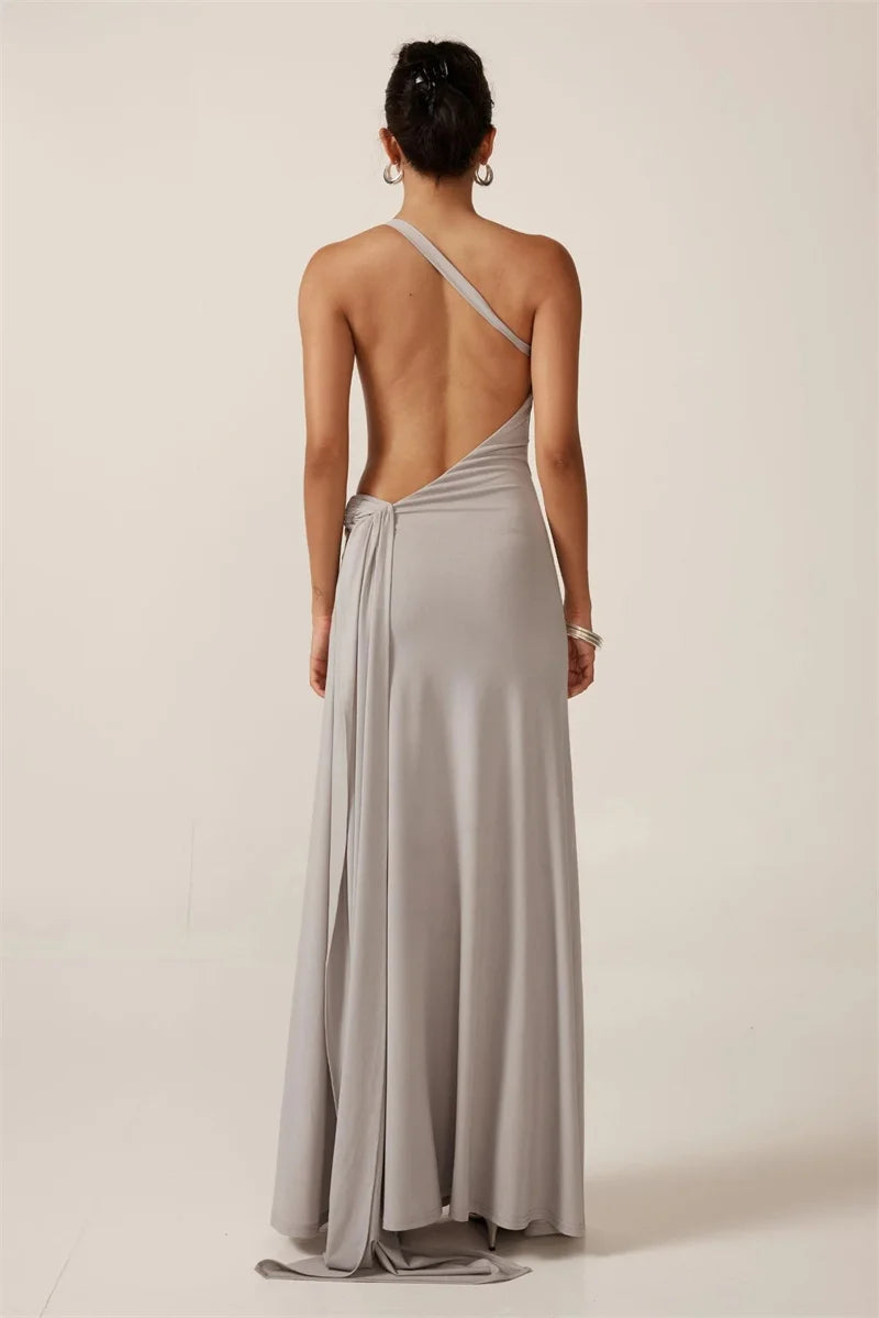 Mozision One Shoulder Backless Sexy Maxi Dress Women Gown Fashion Metal Buckle Diagonal Collar Sleeveless Draped Club Long Dress