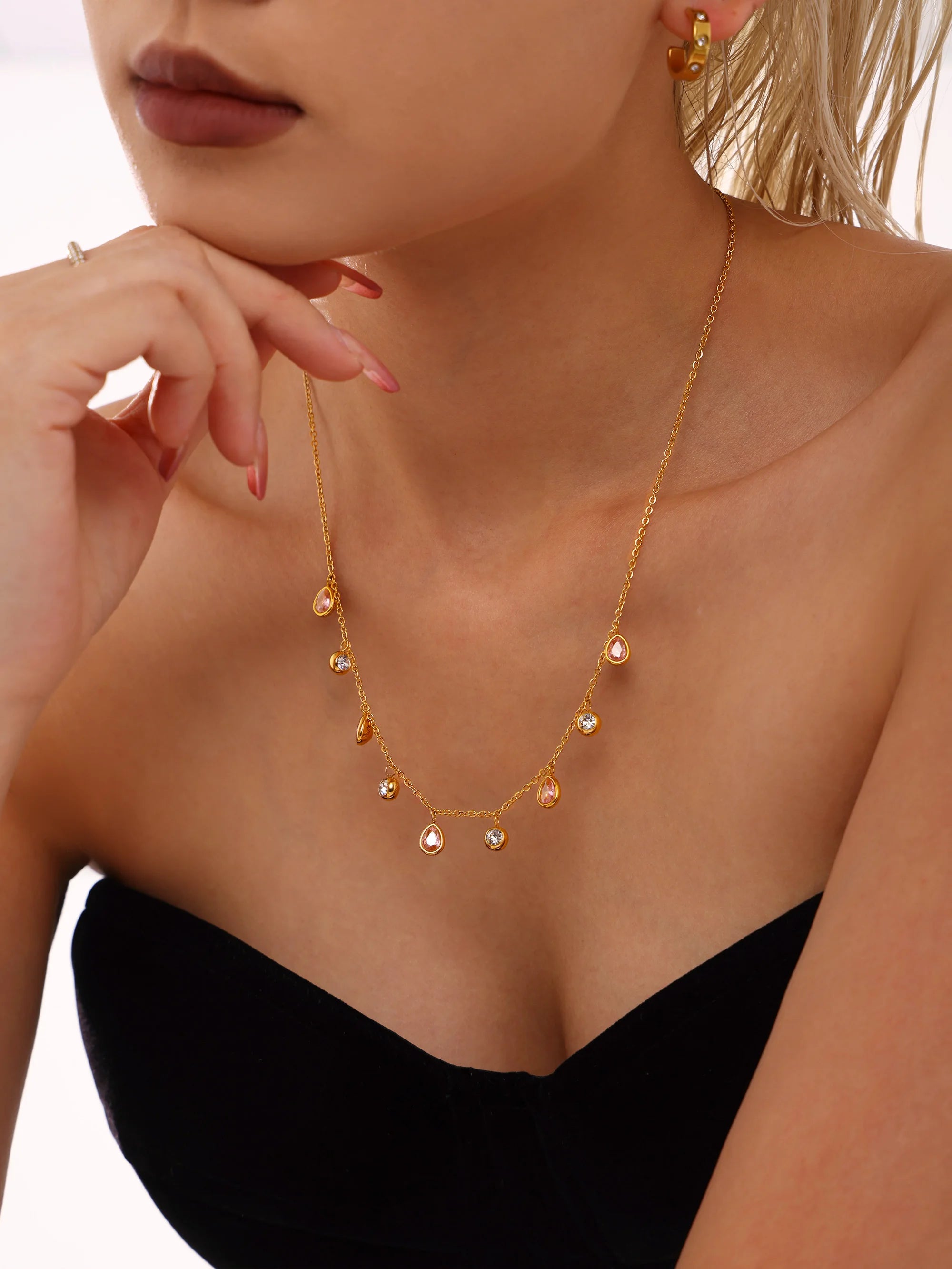 Beautiful Necklace for Women Red Green Zircon Tassel Stainless Steel Waterproof O Chain Gold Plated Charm Jewelry Gift