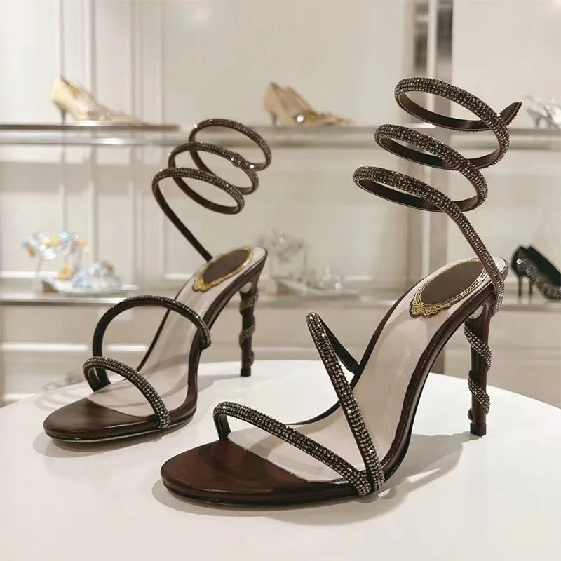 Luxury High Heels Sandals Woman Rhinestone Snake Twine Around Ankle Strap Wedding Shoes Stiletto Summer Gladiator Sandals Women
