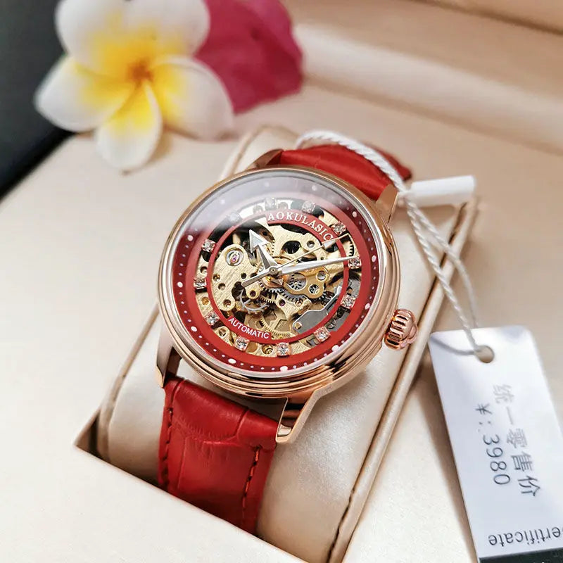 High-End, Luxurious, Elegant, Hollow-Out, Diamond-Encrusted, Fully Automatic Mechanical Watch for Women, with a Small, Fashionable, Simple Design, Luminous, Waterproof, Trendy for Female Students, the Best Gift for Her