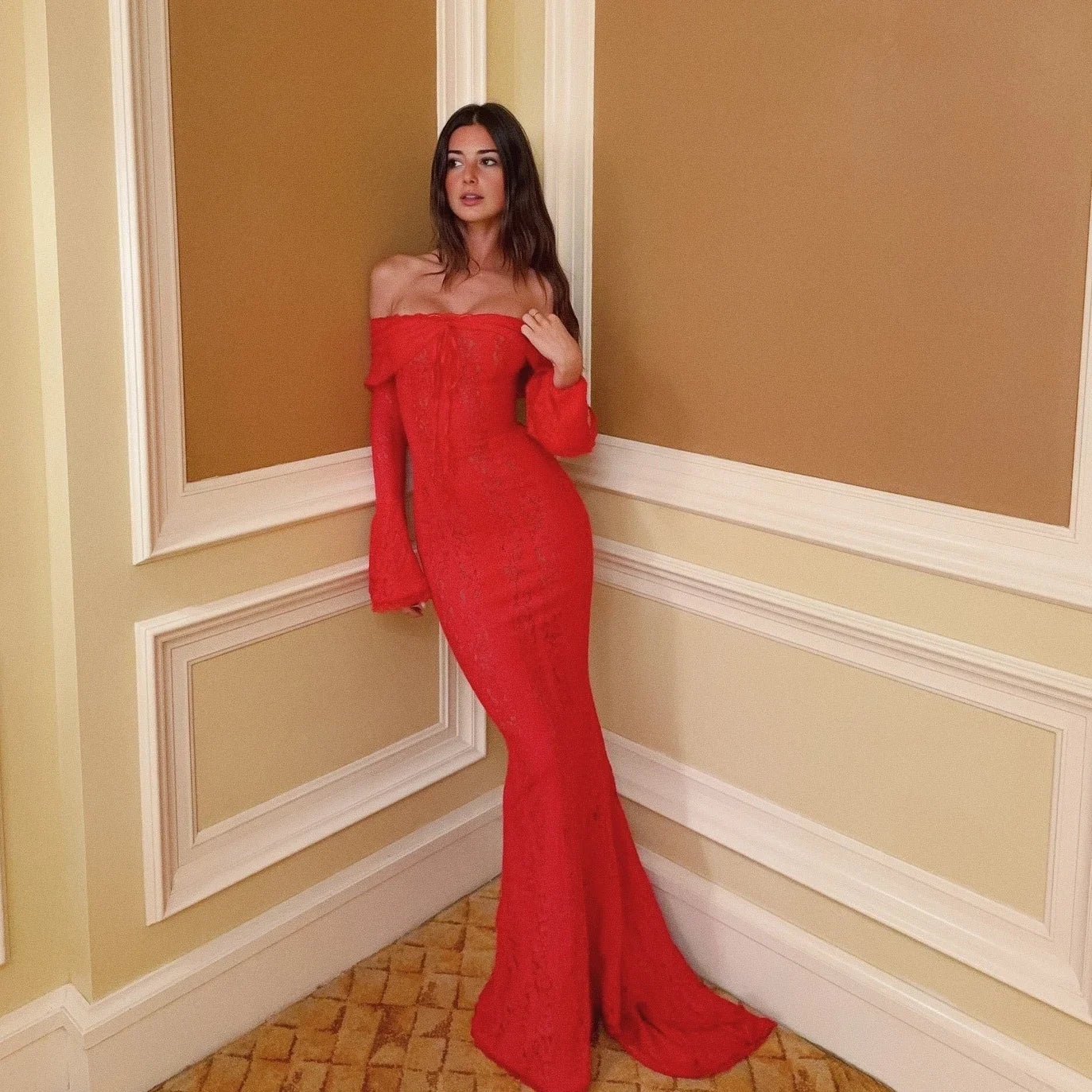 Oligai Autumn Off-Shoulder Maxi Dress Elegant Lace Flare Sleeves Red Evening Party Dress Women's New Arrival 2025 Cocktail Dress