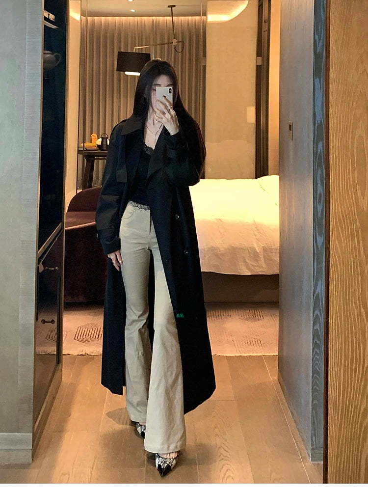 Lautaro Spring Autumn Long Black Hard Waterproof Trench Coat for Women Belt Double Breasted High Quality Luxury Overcoat 2024