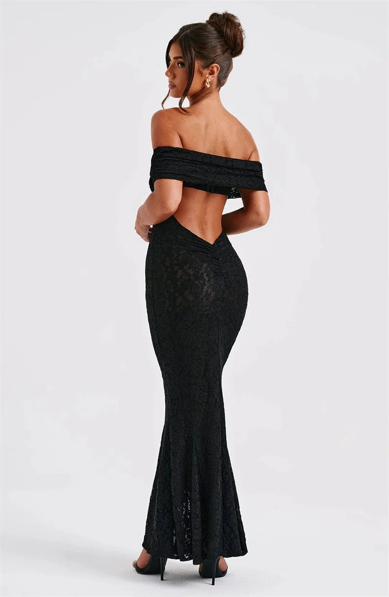 Mozision Hollow Out See Through Sexy Maxi Dress Women Elegant Off-shoulder Strapless Backless Sleeveless Club Party Dress
