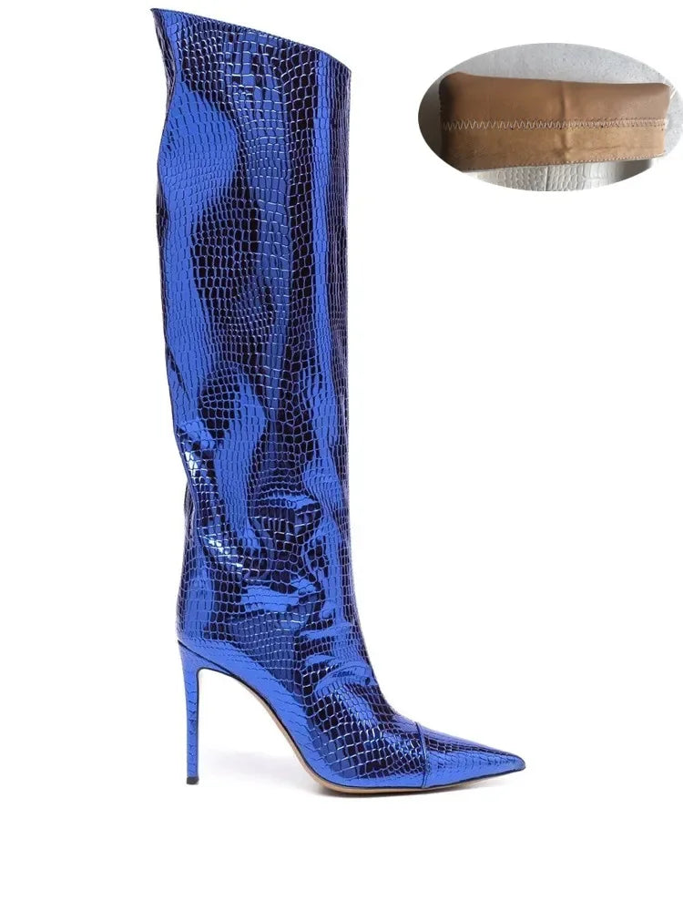 2022 Women's New Stone Print Boots Sexy Runway Stiletto Pointed Toe Women's High Boots 10cm High Heel Side Zip Women's Boots