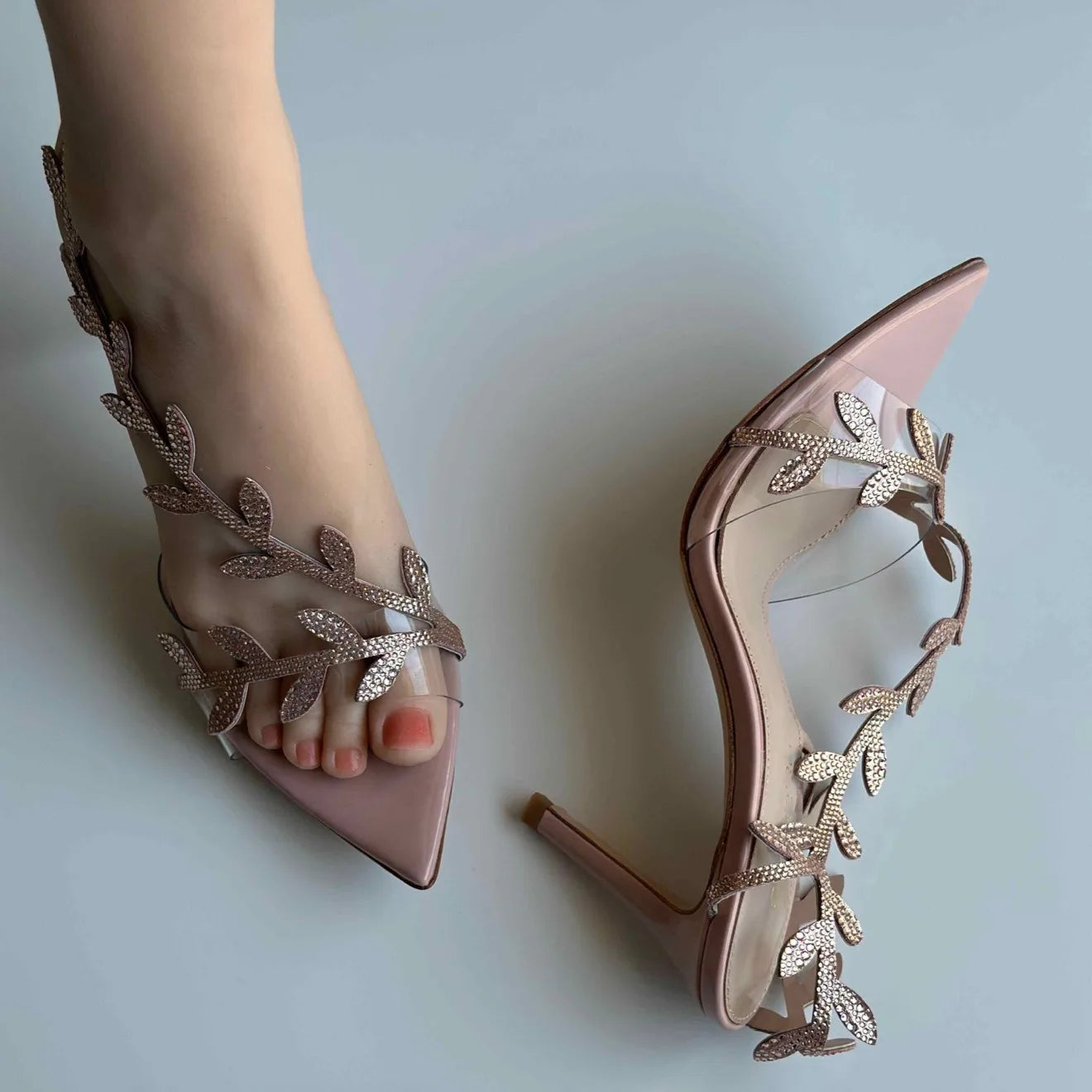 2025 Women's Summer New Style Lacquer Leather Leaf Fairy Style Strap Stiletto High Heels Pointed Open Toe Fashion Sandals