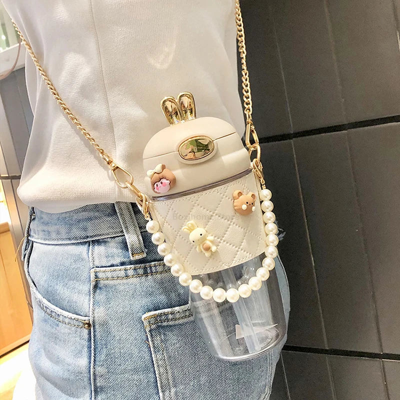 Ins Simple Fashion Plastic Water Bottle For Girls With Leather Sleeve And Strap Straw Adult Pregnant Women Portable Sippy Cups