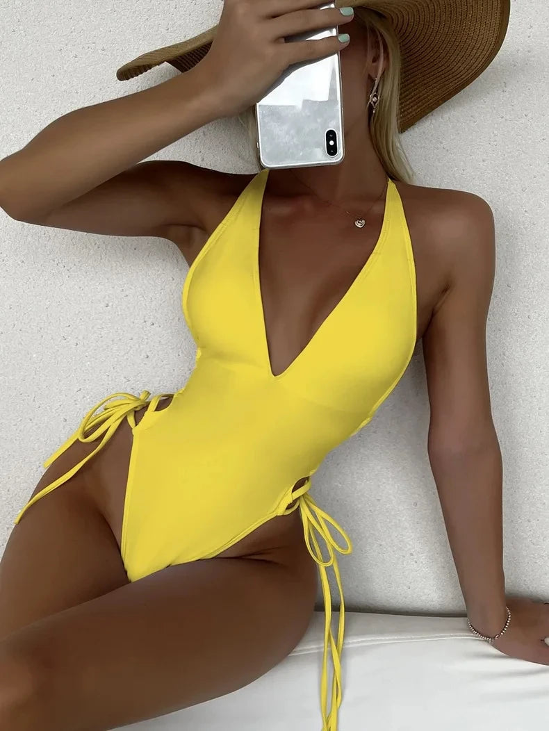 Fashion Solid Deep V Neck One Piece Swimsuit Women Yellow White Hollow Out Pleate Swimwear Beach Bandage Bathing Suit Monokini Wofashion.xyz