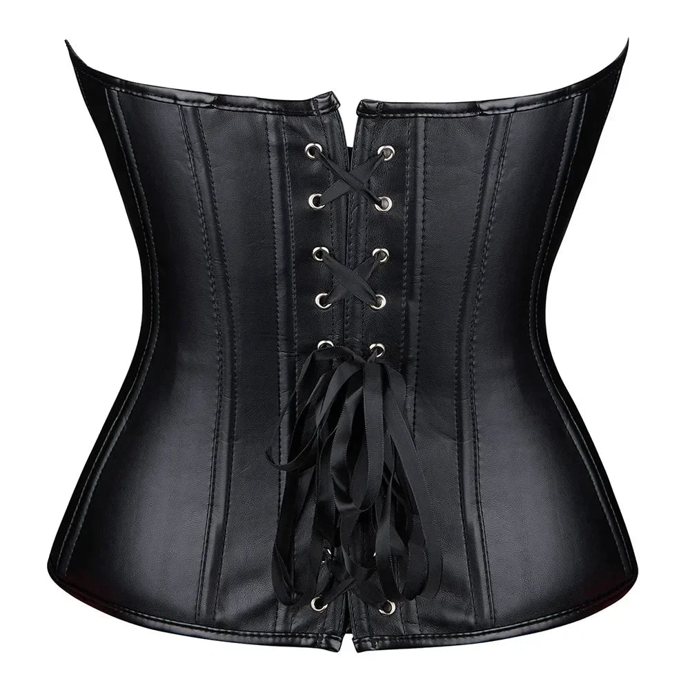 Red Black PU Leather Bustier Tops Zipper Steampunk Corset  Korset Overbust Body Shaper Women Sexy Basque