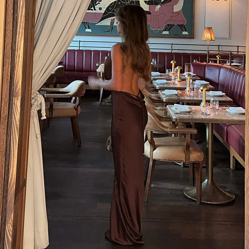 Talenza Sexy Deep V-Neck Long Dress Solid Fashion Ruched Lace Up Backless Slim Dress Elegant Vintage Luxury Party Evening Dress