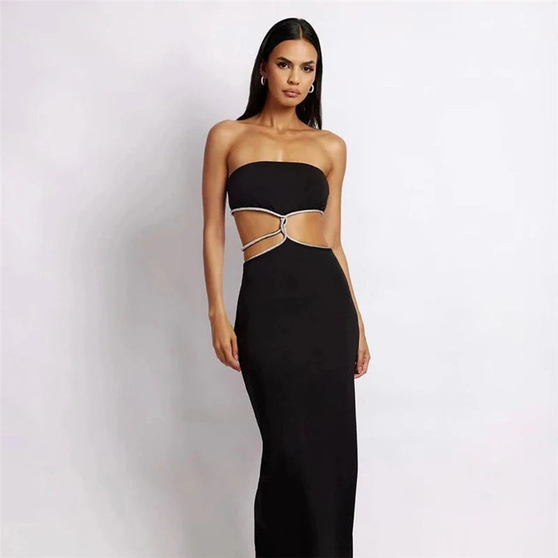 Elegant Female Midnight Prom Maxi Dresses Women Sexy Solid Cutouts Open Waist Open Back Slim Dresses Sleeveless Vestidos