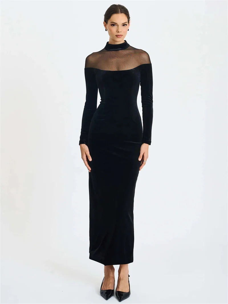 Mozision Sheer Off-shoulder Long Sleeve Sexy Maxi Dress Women Gown Elegant Half High Collar Backless Bodycon Club Party Dresses