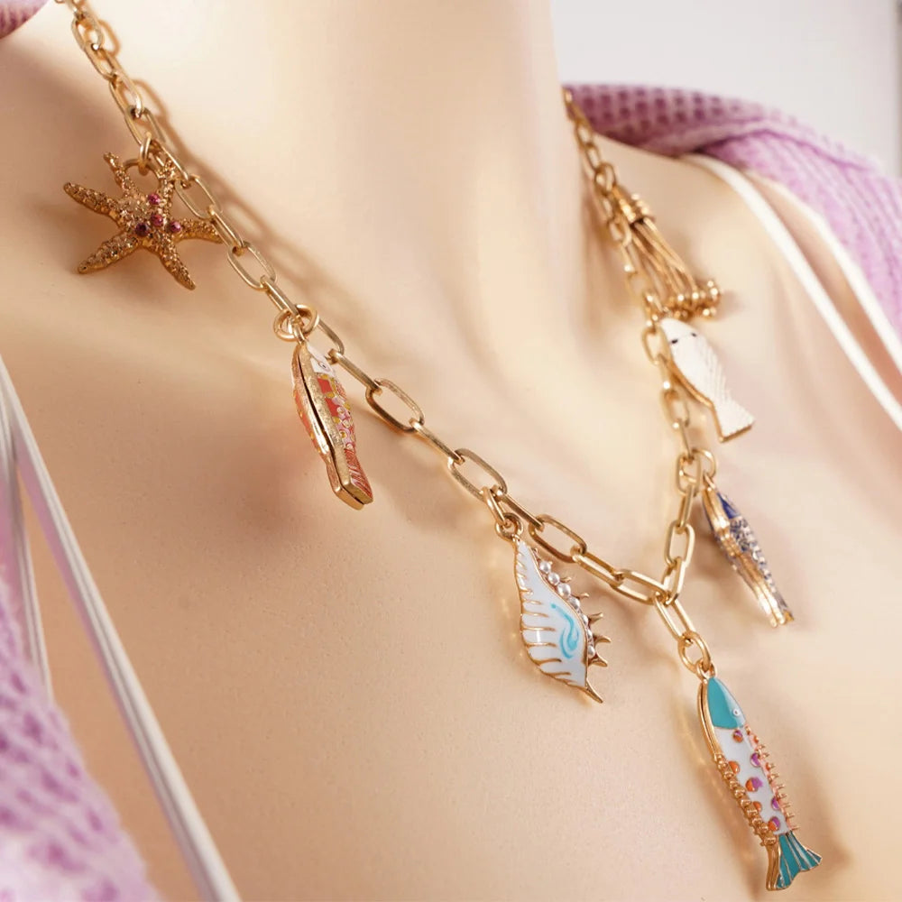 Fish Necklace for Women, Bohemian Fashion, Ethnic Hawaiian Beach Jewelry with Round Ball Pendant, Double Gold Chain