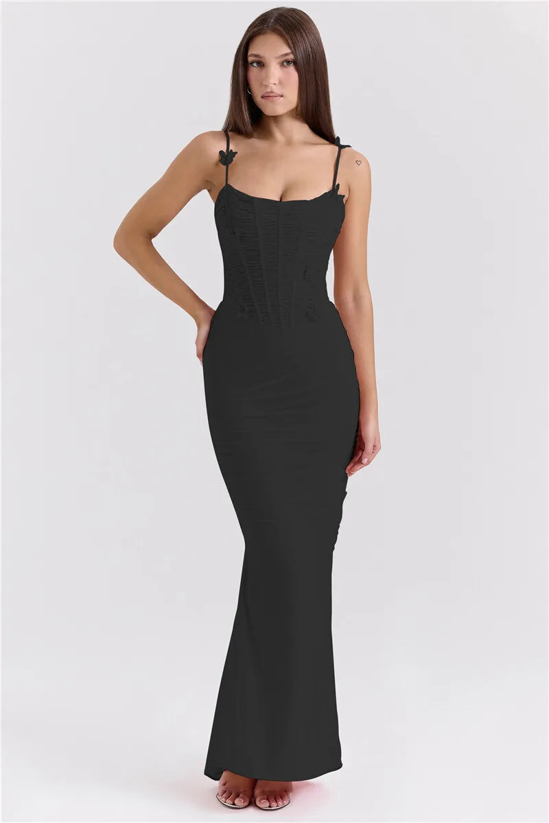 Mozision Bow Spaghetti Strap Sexy Maxi Dress For Women Gown Elegant Off-shoulder Sleeveless Backless Evening Club Party Dress