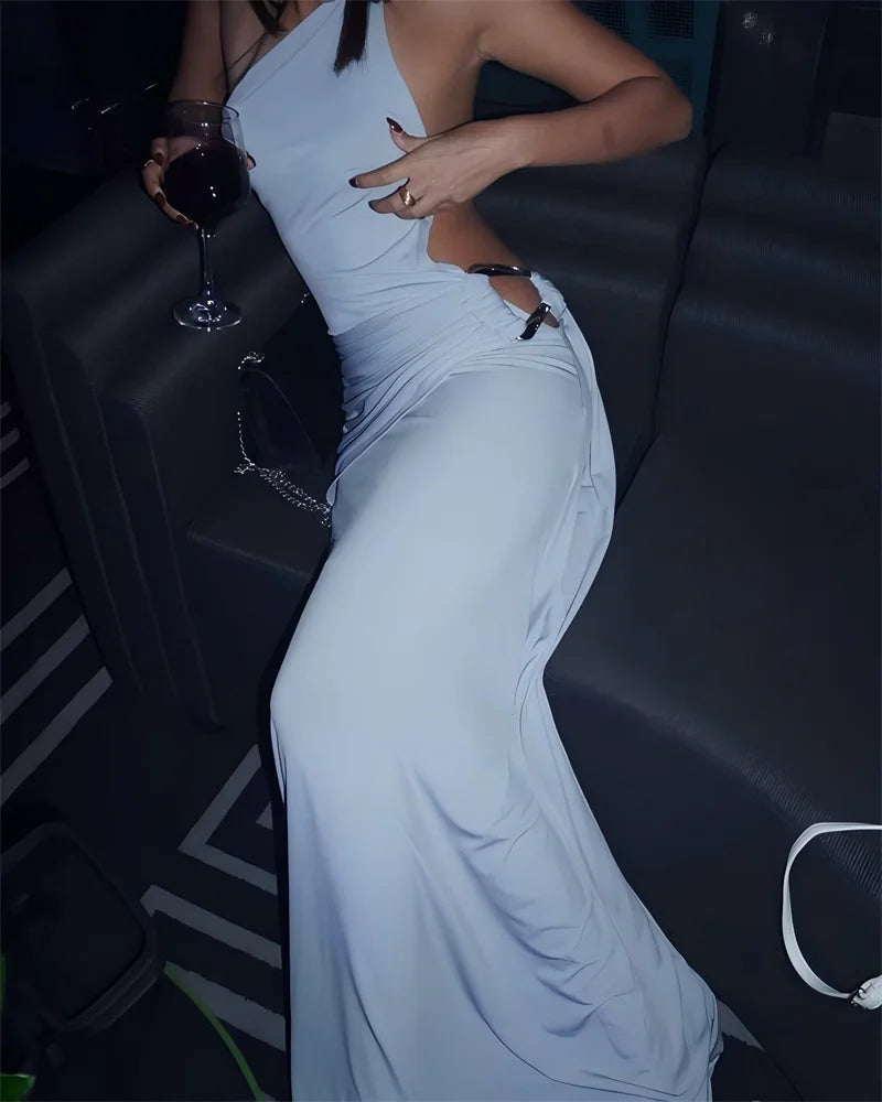 Mozision One Shoulder Backless Sexy Maxi Dress Women Gown Fashion Metal Buckle Diagonal Collar Sleeveless Draped Club Long Dress