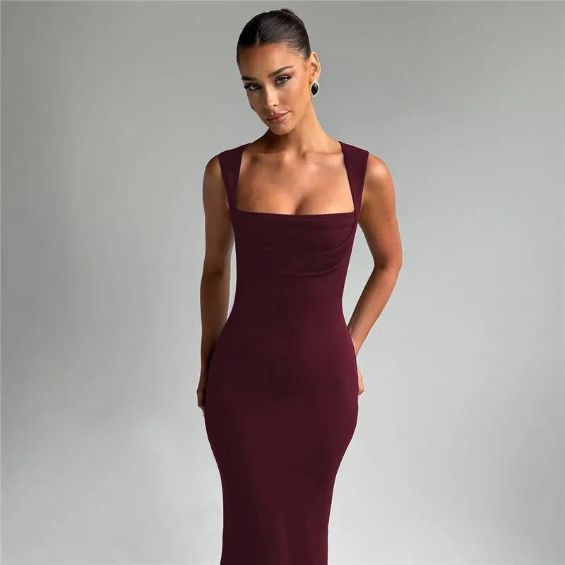 Mozision Square Collar Sleeveless Sexy Maxi Dress For Woman Fashion Spring Summer New High Waist Bodycon Club Party Long Dress