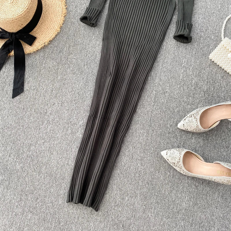 Women's Knitted Midi Dr Pure Color Long Sve Slim Fit High Waist V-Ne Korean Sle Faionable Autumn Winter Dr